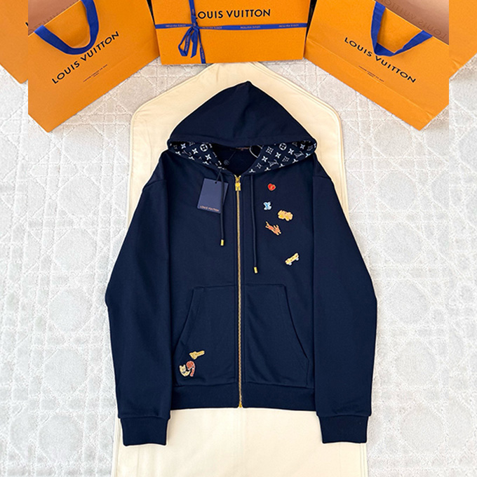 lv louis vuitton cartoon badge embroidery zip hooded jacket
